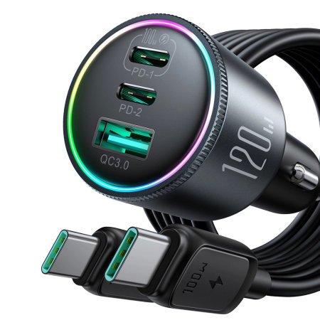 Joyroom 120W 3 in 1 Fast Car Charger & 100W USB-C Charging Cable